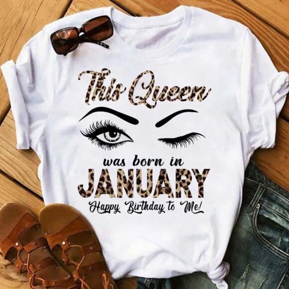 January Birthday Queen Leopard Letter Print Short Sleeve Women's T-Shirt Gift - Picture 2 of 2